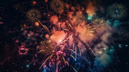 Canvas Print - fireworks exploding on the dark night sky background. There were several fireworks explosions visible, each with different colors and shapes, creating a dynamic and colorful scene.