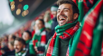 Wall Mural - Jubilant Fan in Stadium Bleachers, Laughing and Wearing Plaid Scarf