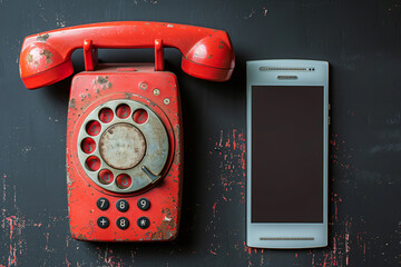 Classic vintage old fashioned retro style of red  telephone versus new technology smart phone on grey background, wallpaper, background