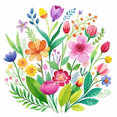 Wall Mural - leaves, Sweet and lovely watercolor painting of spring scene featuring variety of colorful flowers and leaves, isolated on clean white background, perfect for colllections