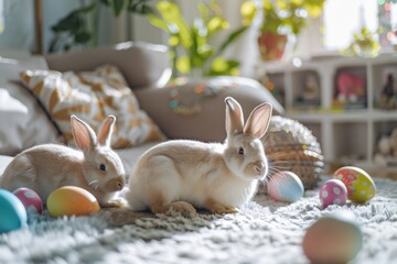 A festive Easter background template with bunnies and colorful eggs in a living room setting during the afternoon