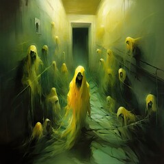 Wall Mural - a painting of a group of people in a hallway