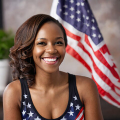 Smiling successful woman with USA flag back ground black history month or women history month celebration