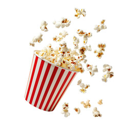 Red and white striped popcorn bucket with popcorn flying in the air.