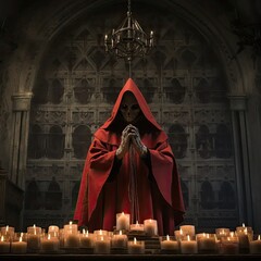 Wall Mural - a person dressed in a red cloak and holding a lit candle in front of a