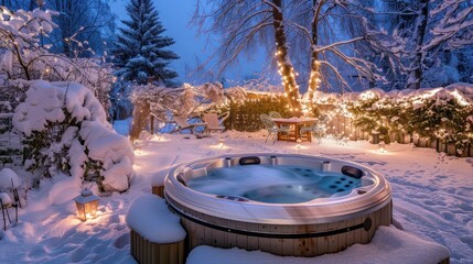 Wall Mural - A winter hot tub surrounded by snow and twinkling lights, offering a cozy and inviting outdoor retreat.