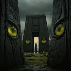 Poster - a person standing in a doorway with yellow eyes