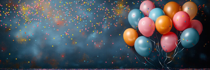 Wall Mural - Colorful balloons and confetti against a dark festive background, concept of celebration, party, and New Year's Eve