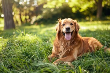 Wall Mural - happy golden retriever dog playing on lush green grass lawn joyful summer portrait