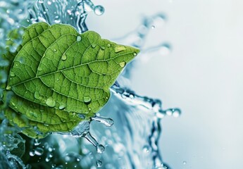 Wall Mural - Fresh Green Leaf Amidst Drops of Water