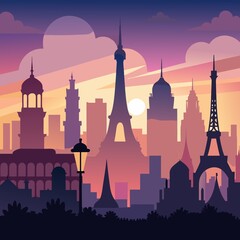 Wall Mural - Silhouette of watercolor cityscape at dusk, with famous landmarks like the Eiffel Tower and Big Ben., watercolor, landmarks, cityscape, architecture