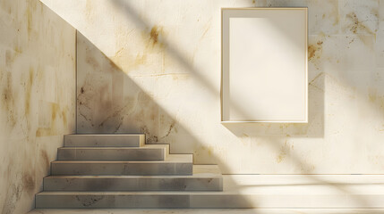 Canvas Print - Sunlight casts shadows on minimalist stone steps and a blank frame on a textured wall, creating a serene, geometric composition