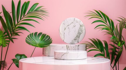 Poster - White marble podium with palm leaves on white marble on ink background , design marble creative podium space up leaf, Abstract background for product branding