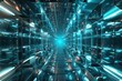 © chesleatsz - Futuristic blue hallway with glowing neon lights, perfect for technology, gaming, or music backgrounds. 3D rendering of a sci-fi tunnel with a symmetrical design.