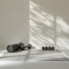 Wall Mural - Dumbbells and yoga mat setup. Soft light. White background.  