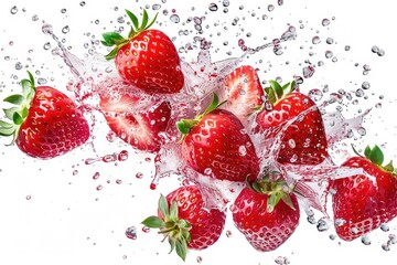 Wall Mural - juicy strawberries burst with refreshing flavor in dynamic splash isolated on white food photography