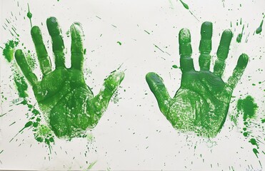 Wall Mural - Green Handprint Splatter Art on White Background