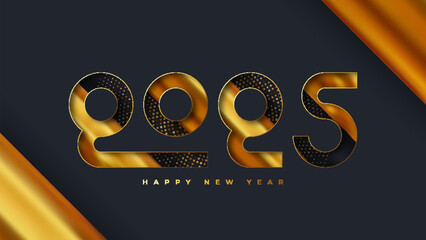 Wall Mural - Happy new year 2025 number with pressed numbers. Premium happy new year 2025 with confetti on black background. Holiday greeting card design.