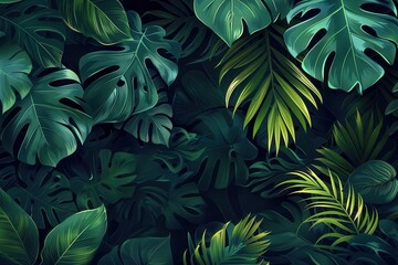 Poster - lush tropical leaves on dark background vivid green foliage jungle plants digital illustration
