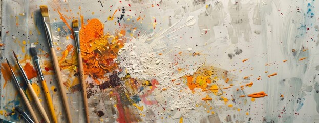 Poster - Vibrant Abstract Art with Splattered Paint and Brushes