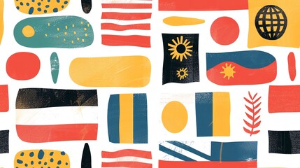 Minimalist national flags in a seamless pattern, hand-drawn abstract style, high-quality vector illustration, bold colors, perfect for creative projects