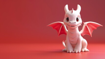 Wall Mural - A 3D rendered white baby dragon with red wings sitting on a red background.