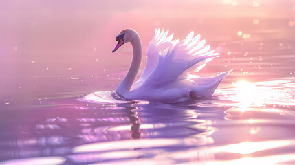 Canvas Print - White swan floating on the lake