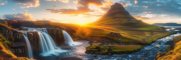 Wall Mural - Icelandic Landscape with Waterfall and Mountain at Sunset