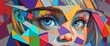 © Get it - A girl with a colorful face made of triangles. The girl has blue eyes and a red lip. The image is a piece of art that is colorful and creative, Cubist portrait of an old woman figure
