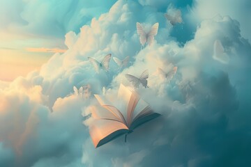 magical floating library in clouds open books with pages transforming into ethereal butterflies drea