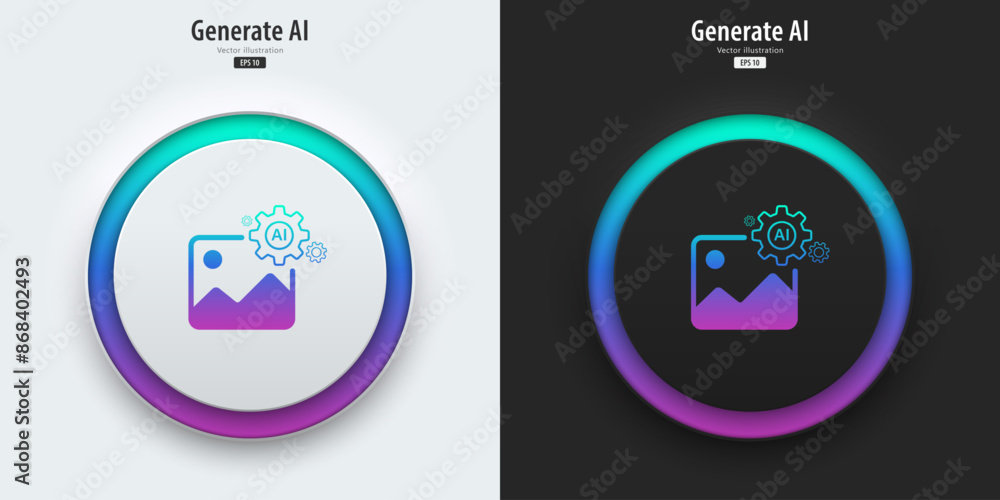 AI generate image icon. A set of buttons with symbols. Image enhancement, improved quality, generated. Artificial intelligence technology concept. Neumorphism style, UI UX design, Vector illustration.