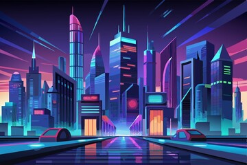 Wall Mural - Description futuristic cityscape with glowing skyscrapers and neon lights, representing the journey to collect and achieve success., journey, neon, glowing, lights