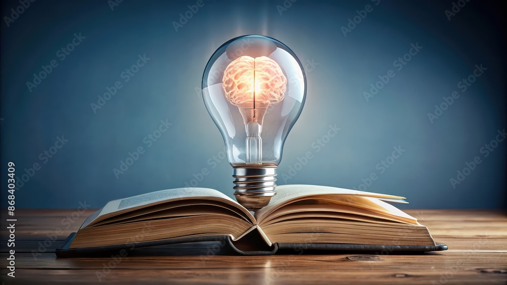 Book and brain inside a light bulb, representing knowledge, creativity ...