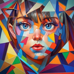 Wall Mural - A girl with a colorful face made of triangles. The girl has blue eyes and a red lip. The image is a piece of art that is colorful and creative, Cubist portrait of an old woman figure