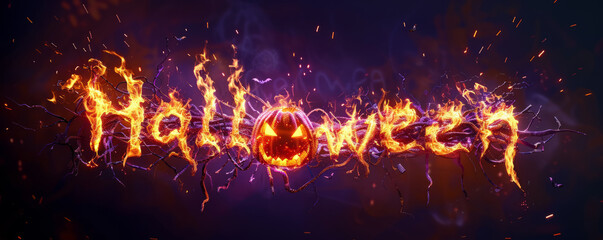 Halloween banner with glowing halloween fire text and spooky scarey pumpkins