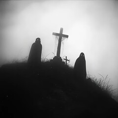 Wall Mural - a black and white photo of a cemetery with a cross in the fog