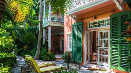 Wall Mural - tropical resort with lush green Bahama shutters, harmonizing with the vibrant surroundings