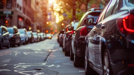 Canvas Print - A row of parked cars on a busy city street, demonstrating the demand for parking in urban areas.