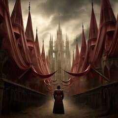 Wall Mural - a man standing in front of a castle surrounded by red flags