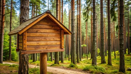 Wall Mural - Wooden cabin sign surrounded by pine trees in a woodland setting, cabin, sign, pine trees, forest, woodland, nature, outdoor