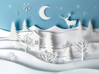 whimsical winter snow scene created with flat paper cuttings festive holiday concept illustration