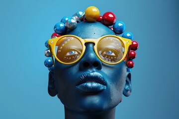 African woman wearing colorful beads and yellow sunglasses, beauty and fashion concept in travel adventure