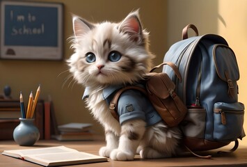 kitten schoolboy with a backpack and textbooks goes to school to study