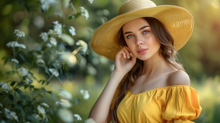 Wall Mural - Beautiful young woman in stylish yellow dress and straw hat outdoors. 