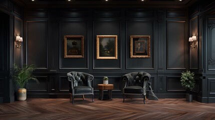 Luxurious room with three landscape paintings on wood-paneled walls