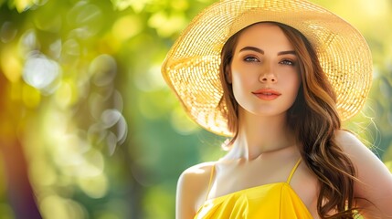 Wall Mural - Beautiful young woman in stylish yellow dress and straw hat outdoors. 