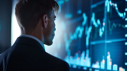 Poster - An executive looking at a line graph of company revenue growth on a digital screen, showcasing financial success.