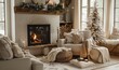 © Nadin Faust - cozy winter living room with a fireplace, white walls, and neutral decorations, featuring comfortable armchairs with soft blankets, a wood stack, a Christmas tree