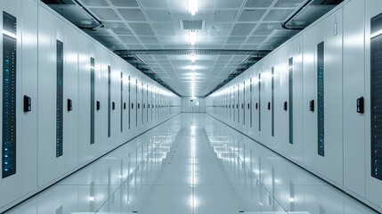 Leinwandbilder - White interior of a datacenter, High-tech data center with rows of server cabinets and white walls, creating an atmosphere of technology innovation. Generative AI.