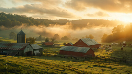 Wall Mural - Rural landscape at dawn. Farming village in sunlight. Concept of nature, agriculture.